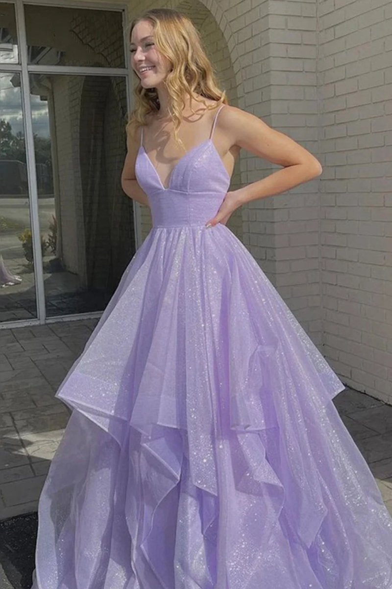 A-line Spaghetti Straps Long Prom Dresses with Ruffles