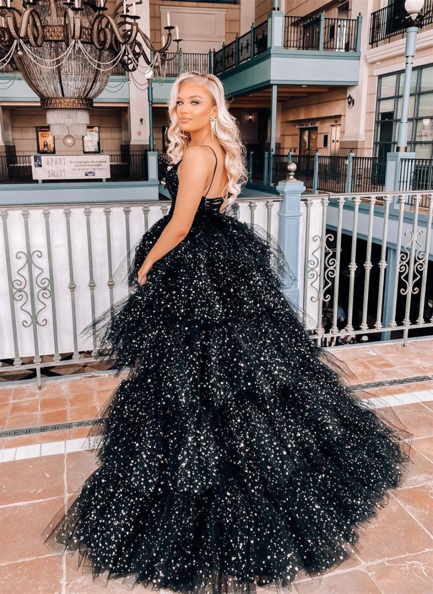 A-line Spaghetti Straps Tie Tulle High Low Prom Dresses