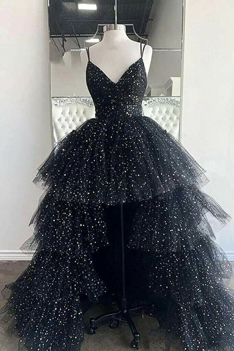 A-line Spaghetti Straps Tie Tulle High Low Prom Dresses
