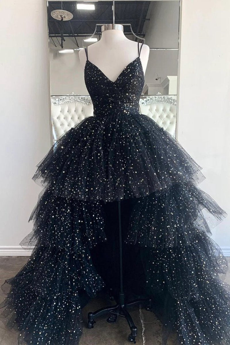 A-line Spaghetti Straps Tie Tulle High Low Prom Dresses