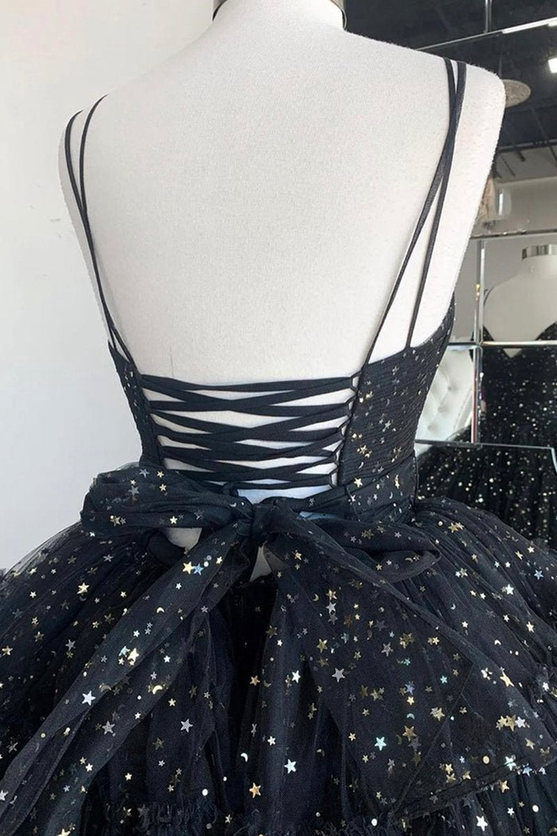A-line Spaghetti Straps Tie Tulle High Low Prom Dresses