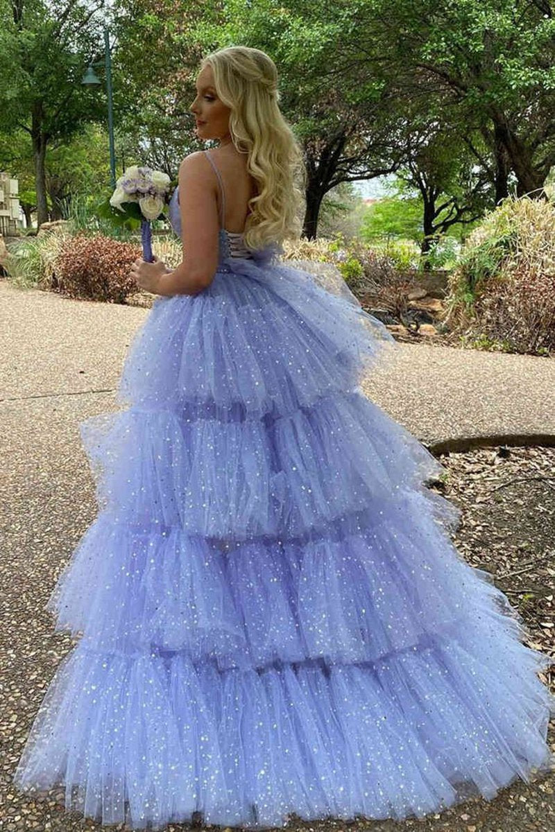 A-line Spaghetti Straps Tie Tulle High Low Prom Dresses