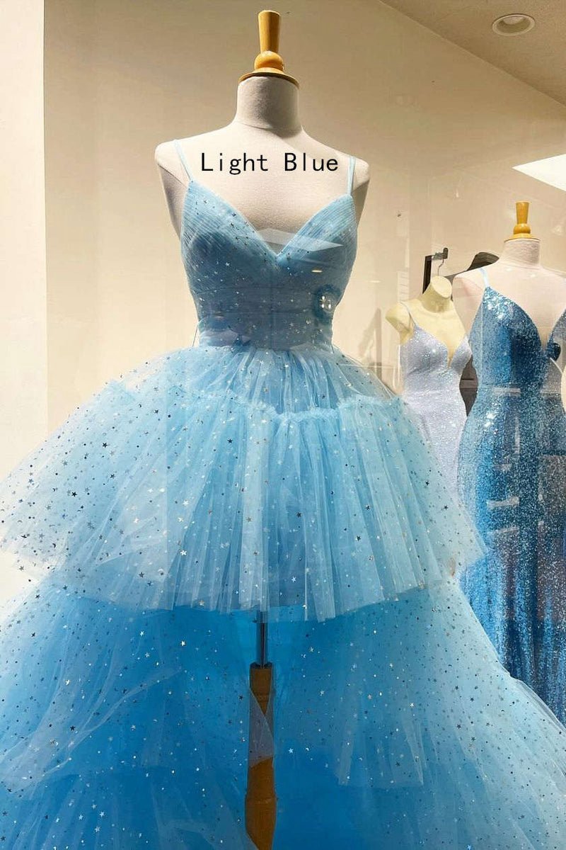 A-line Spaghetti Straps Tie Tulle High Low Prom Dresses
