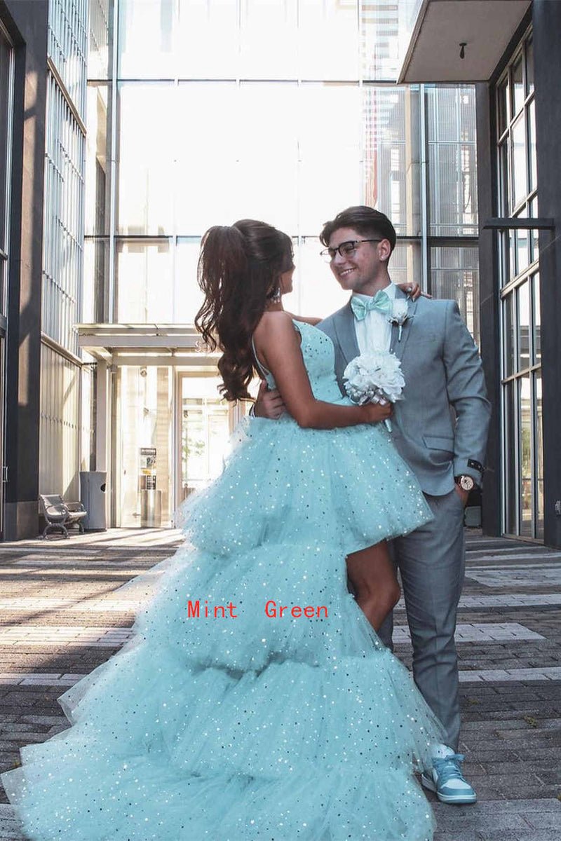 A-line Spaghetti Straps Tie Tulle High Low Prom Dresses