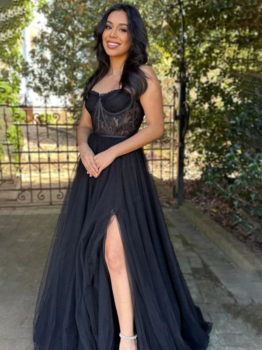 A-line Sweetheart Corset Tulle Prom Dresses with Slit