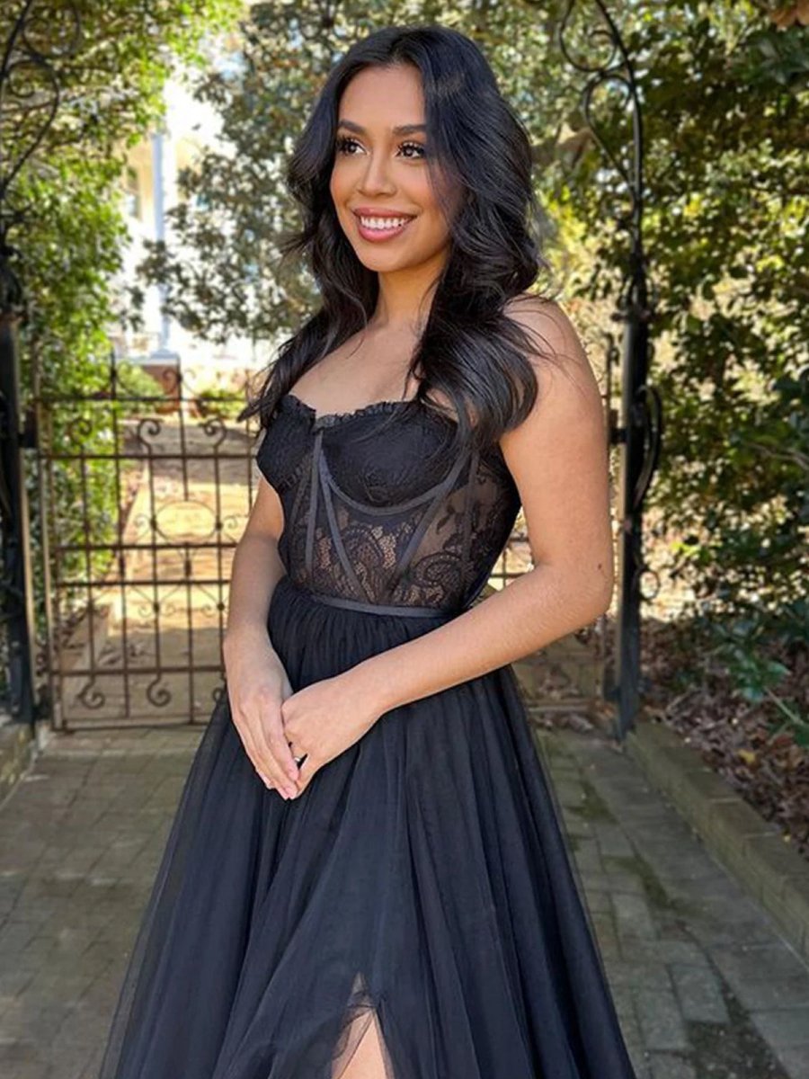 A-line Sweetheart Corset Tulle Prom Dresses with Slit