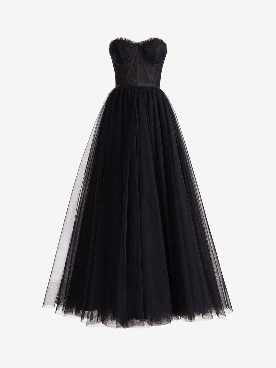 A-line Sweetheart Corset Tulle Prom Dresses with Slit
