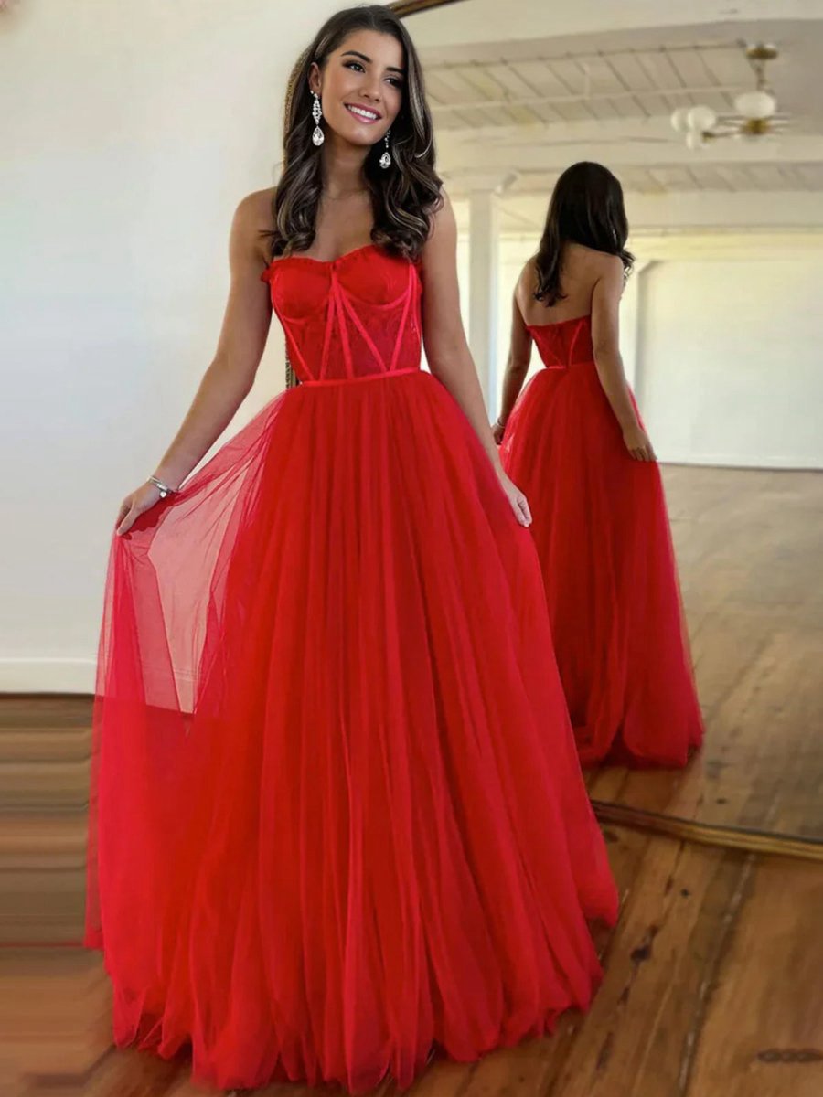 A-line Sweetheart Corset Tulle Prom Dresses with Slit
