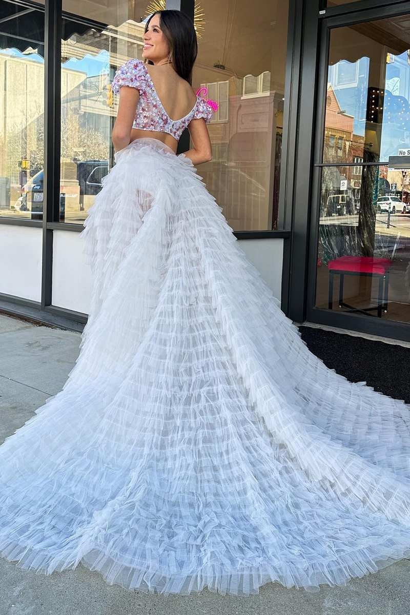 A-line Square Neck Tulle Prom Dresses with Ruffles