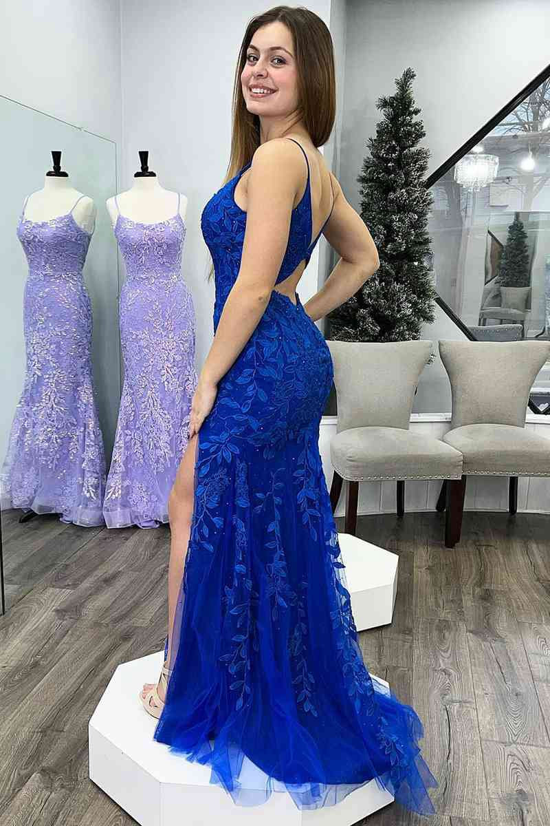 Mermaid Deep V Neck Tulle Applique Long Prom Dresses