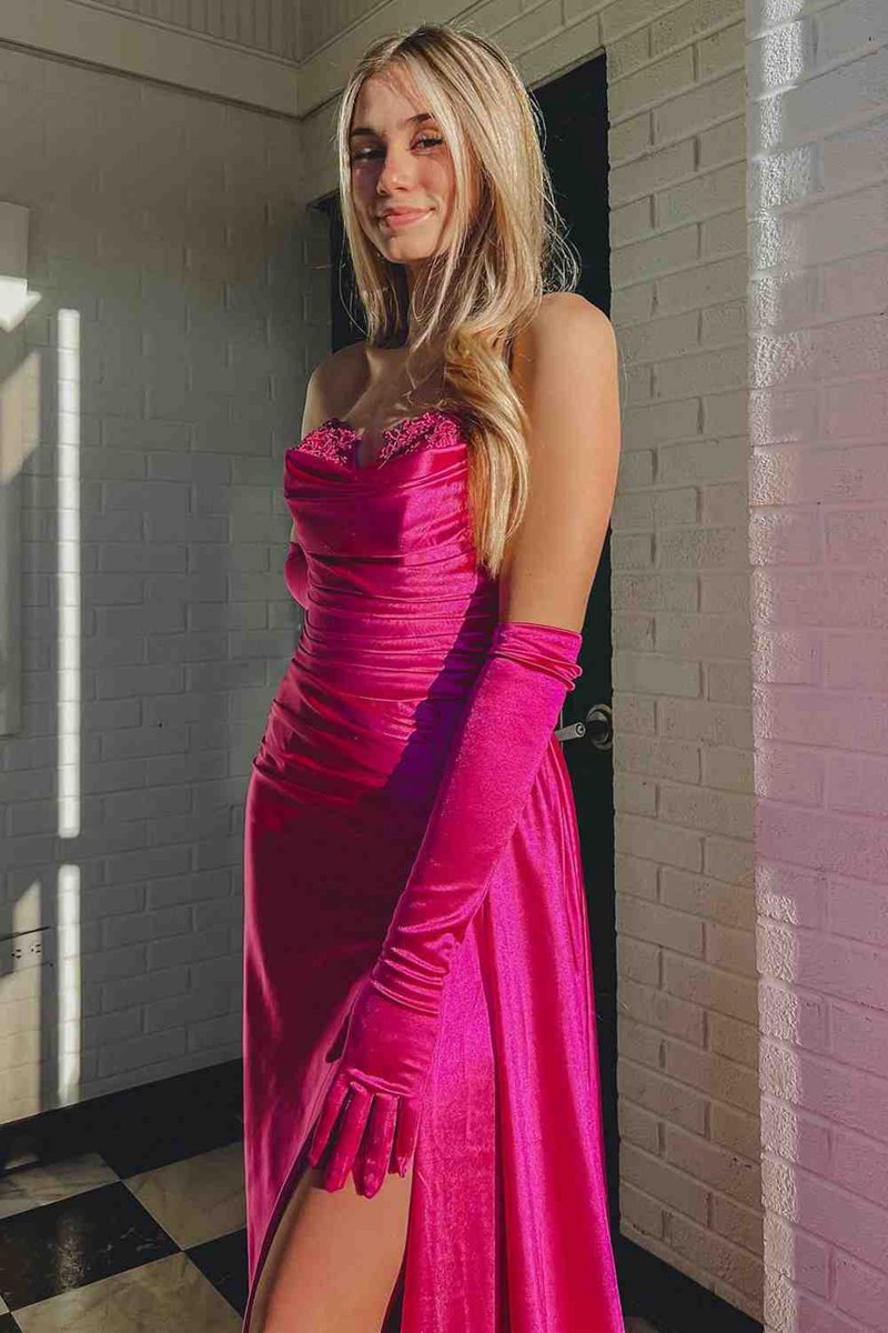 Strapless Mermaid Satin Pleated Long Prom Dresses