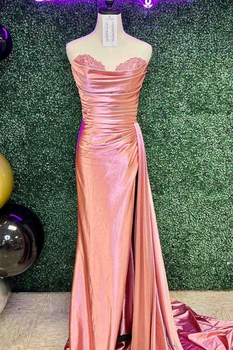 Strapless Mermaid Satin Pleated Long Prom Dresses