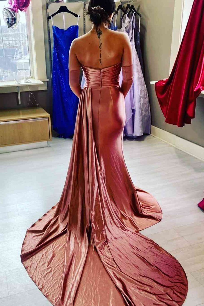 Strapless Mermaid Satin Pleated Long Prom Dresses