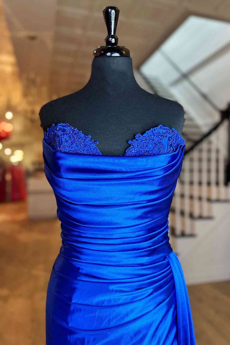 Strapless Mermaid Satin Pleated Long Prom Dresses