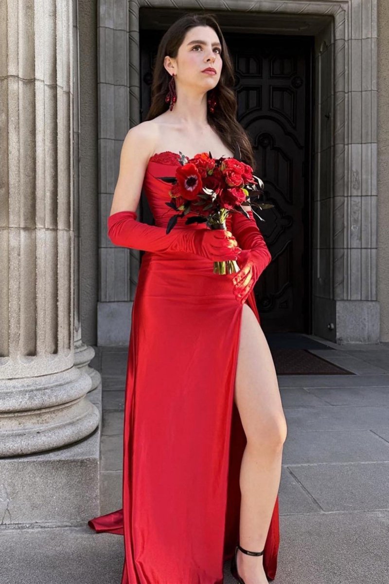 Strapless Mermaid Satin Pleated Long Prom Dresses