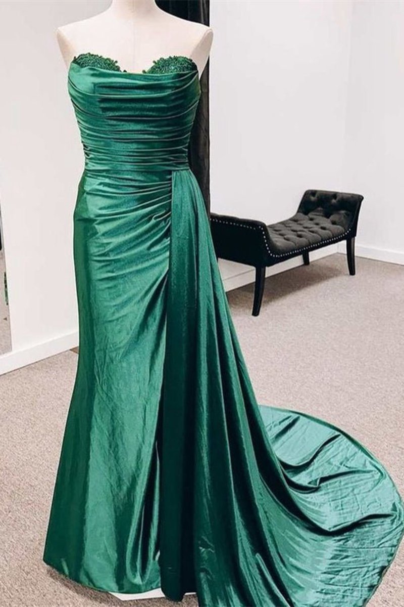 Strapless Mermaid Satin Pleated Long Prom Dresses