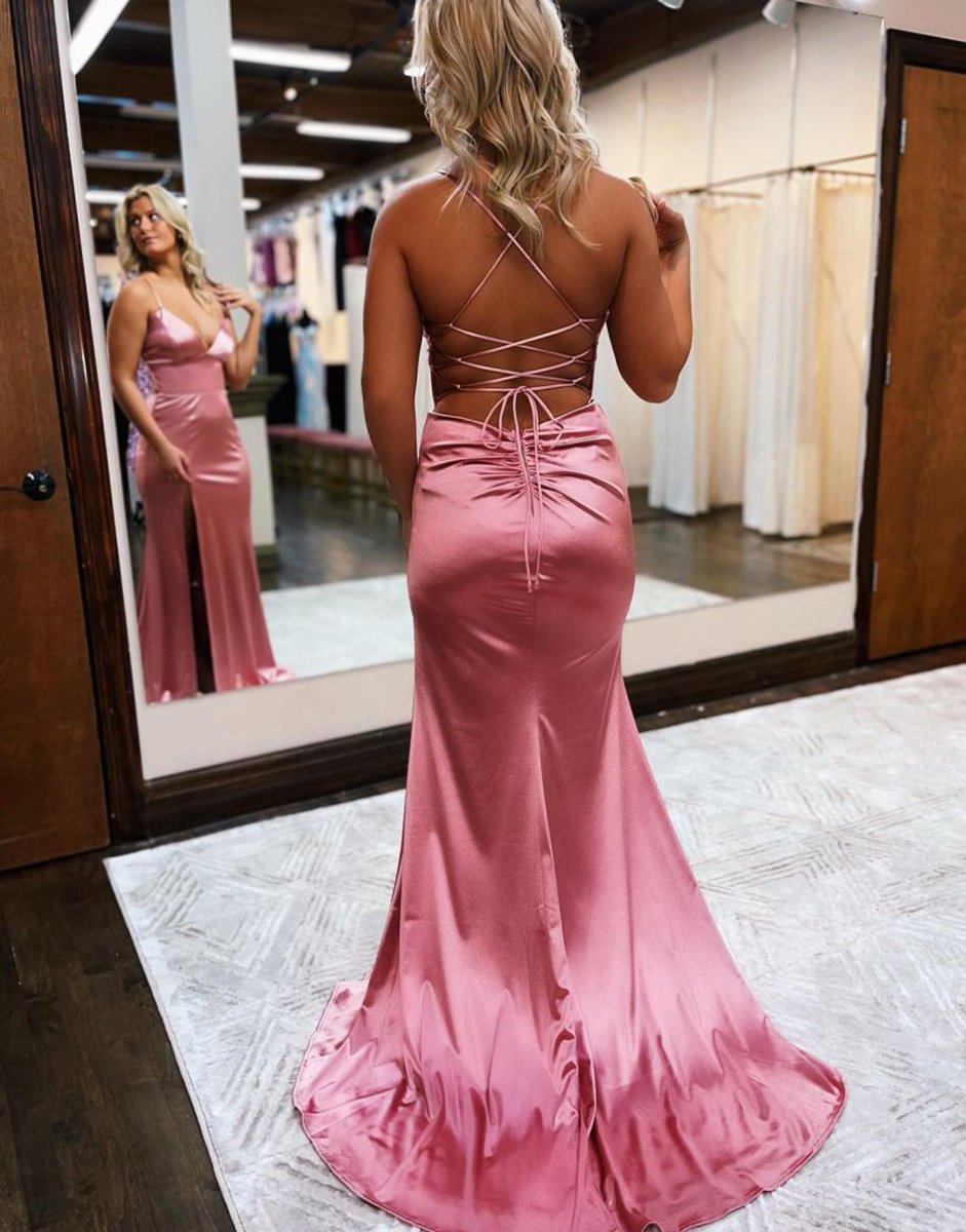 Mermaid Spaghetti Straps Satin Prom Dresses with Slit