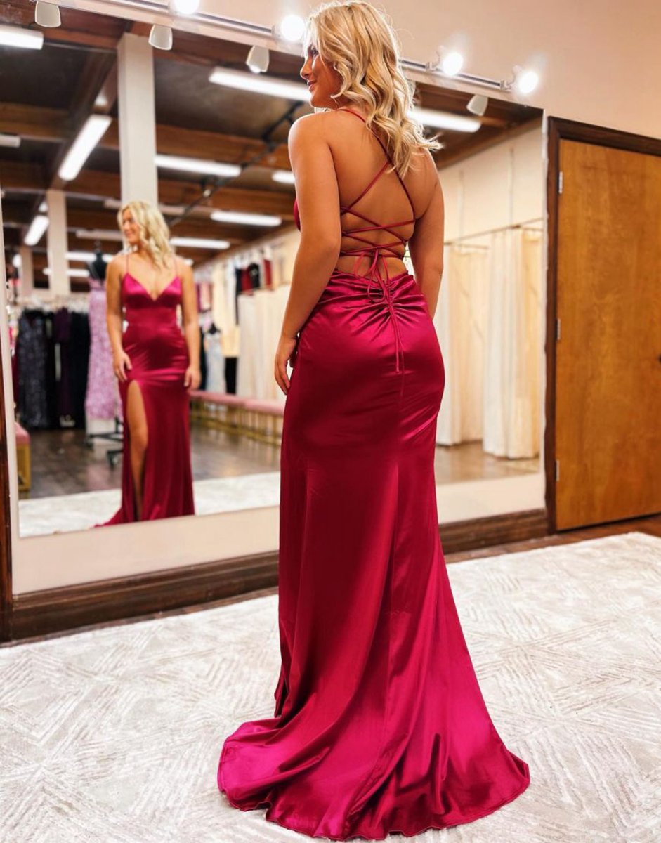 Mermaid Spaghetti Straps Satin Prom Dresses with Slit