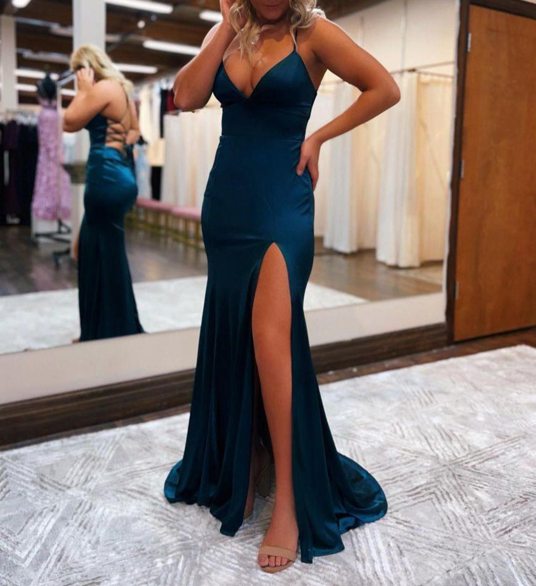 Mermaid Spaghetti Straps Satin Prom Dresses with Slit