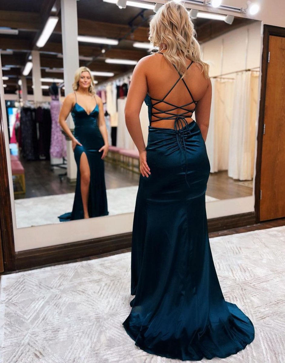 Mermaid Spaghetti Straps Satin Prom Dresses with Slit
