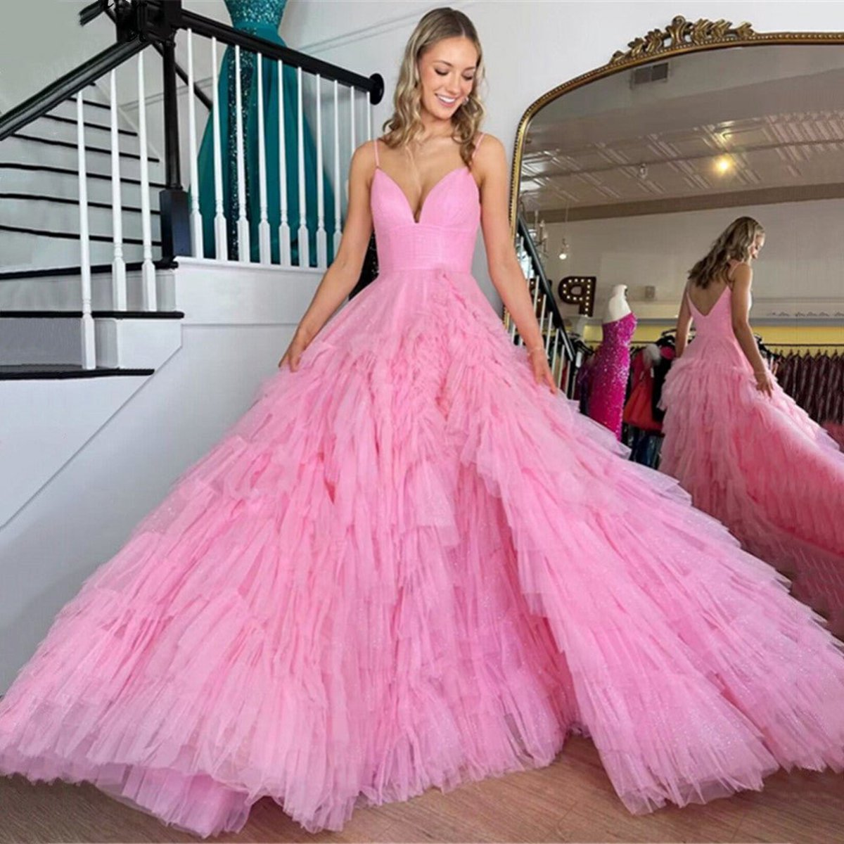 A-line Spaghetti Straps Tie Tulle Prom Dresses