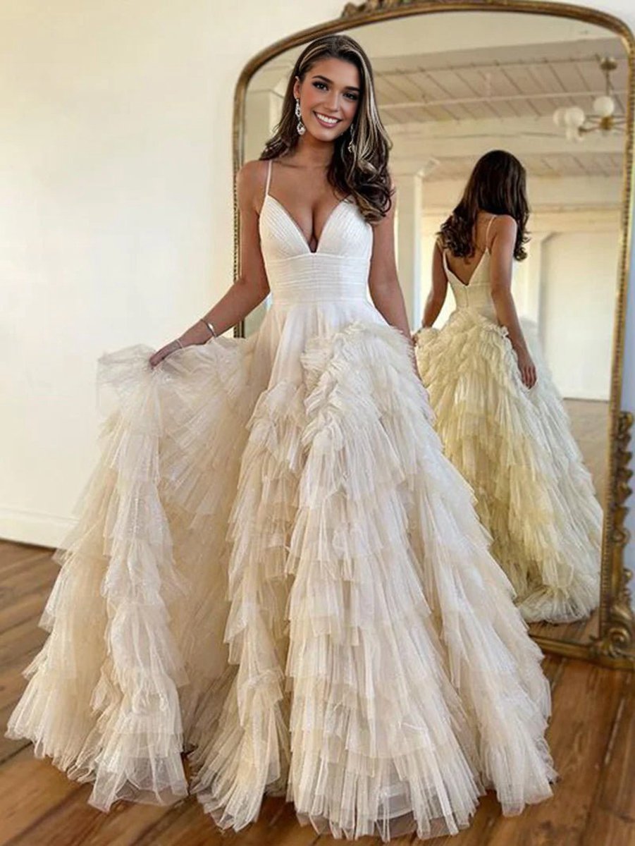 A-line Spaghetti Straps Tie Tulle Prom Dresses
