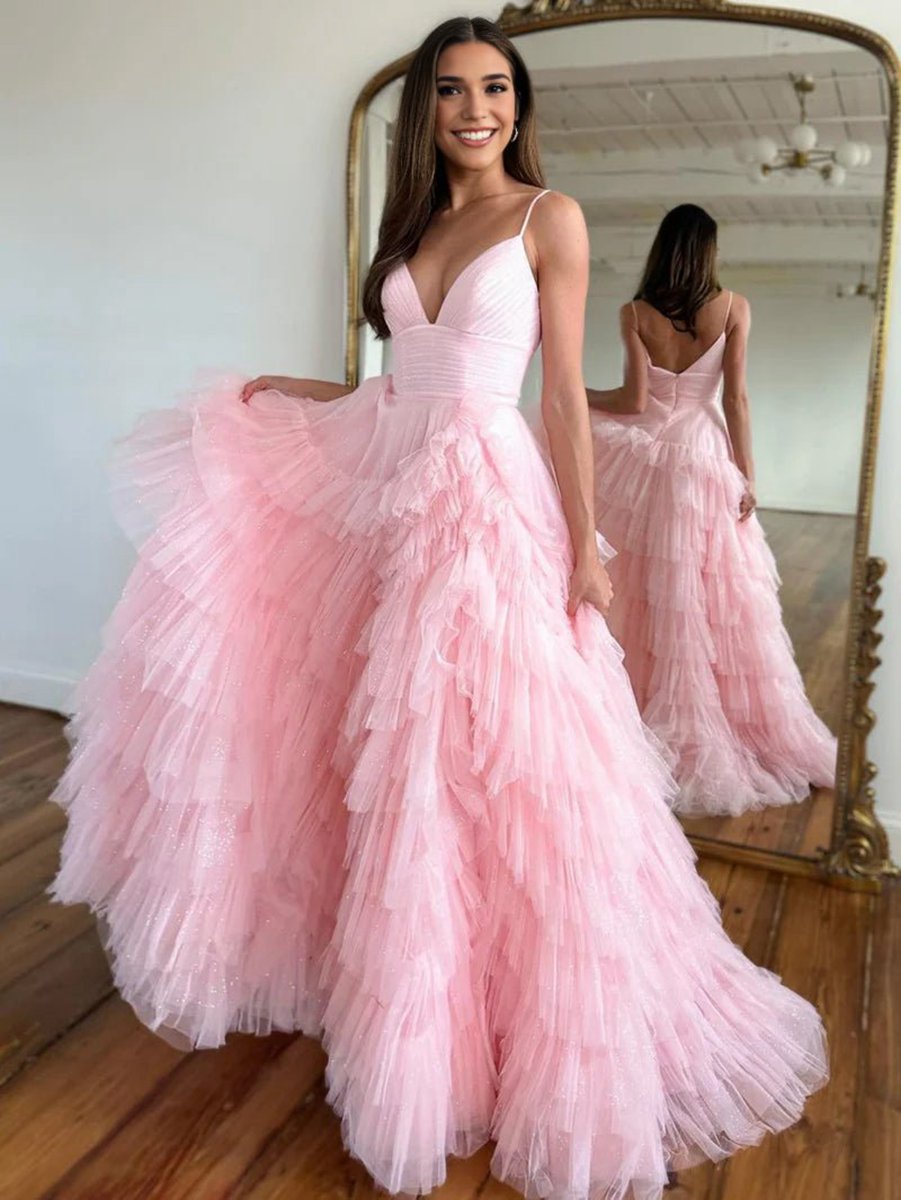 A-line Spaghetti Straps Tie Tulle Prom Dresses