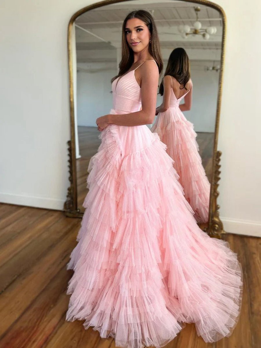 A-line Spaghetti Straps Tie Tulle Prom Dresses