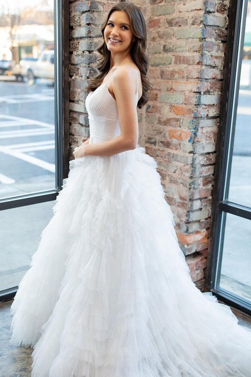 A-line Spaghetti Straps Tie Tulle Prom Dresses