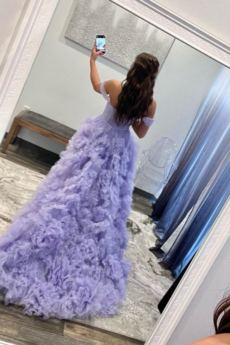 A-line Off the Shoulder Ruffled Tulle Prom Dresses with Slit