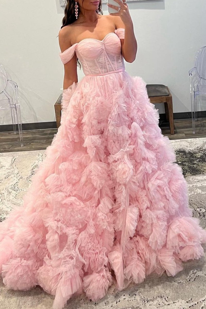 A-line Off the Shoulder Ruffled Tulle Prom Dresses with Slit