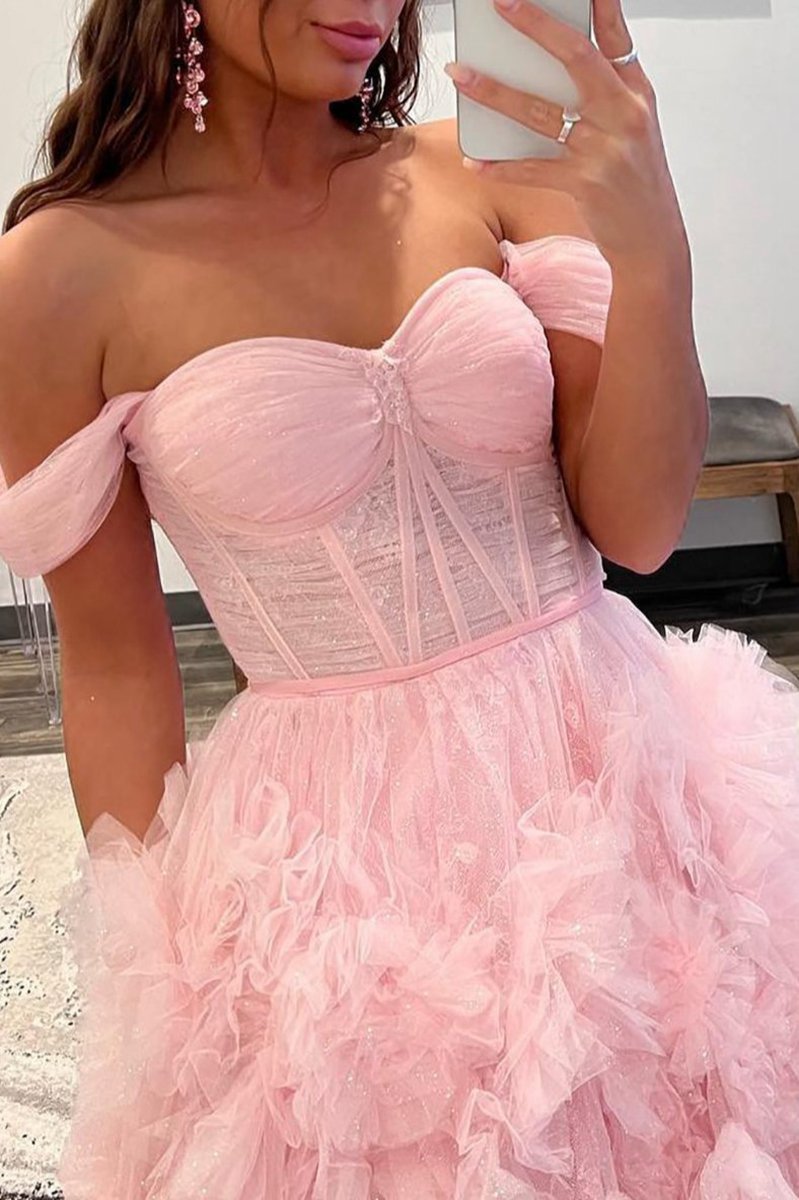 A-line Off the Shoulder Ruffled Tulle Prom Dresses with Slit