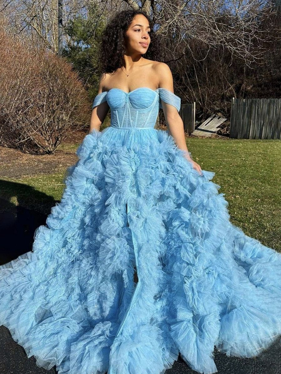 A-line Off the Shoulder Ruffled Tulle Prom Dresses with Slit