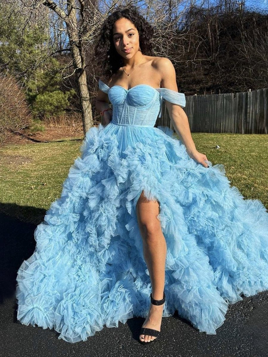 A-line Off the Shoulder Ruffled Tulle Prom Dresses with Slit
