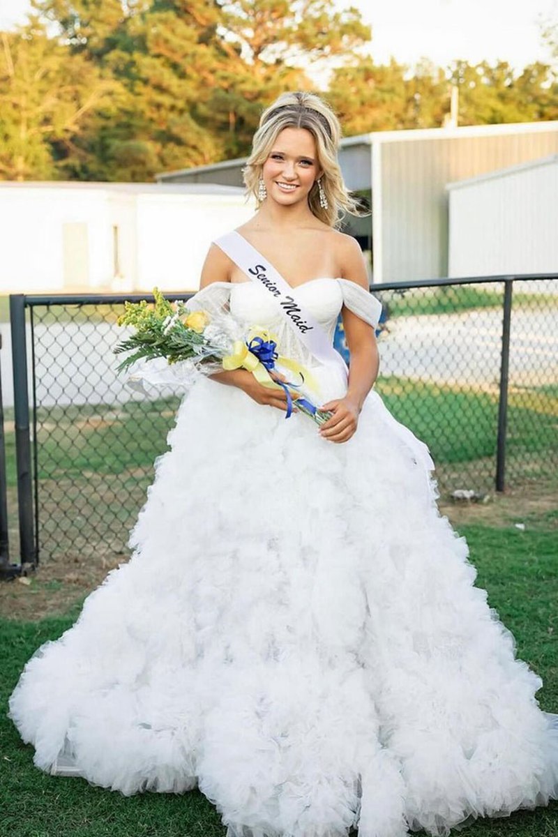 A-line Off the Shoulder Ruffled Tulle Prom Dresses with Slit