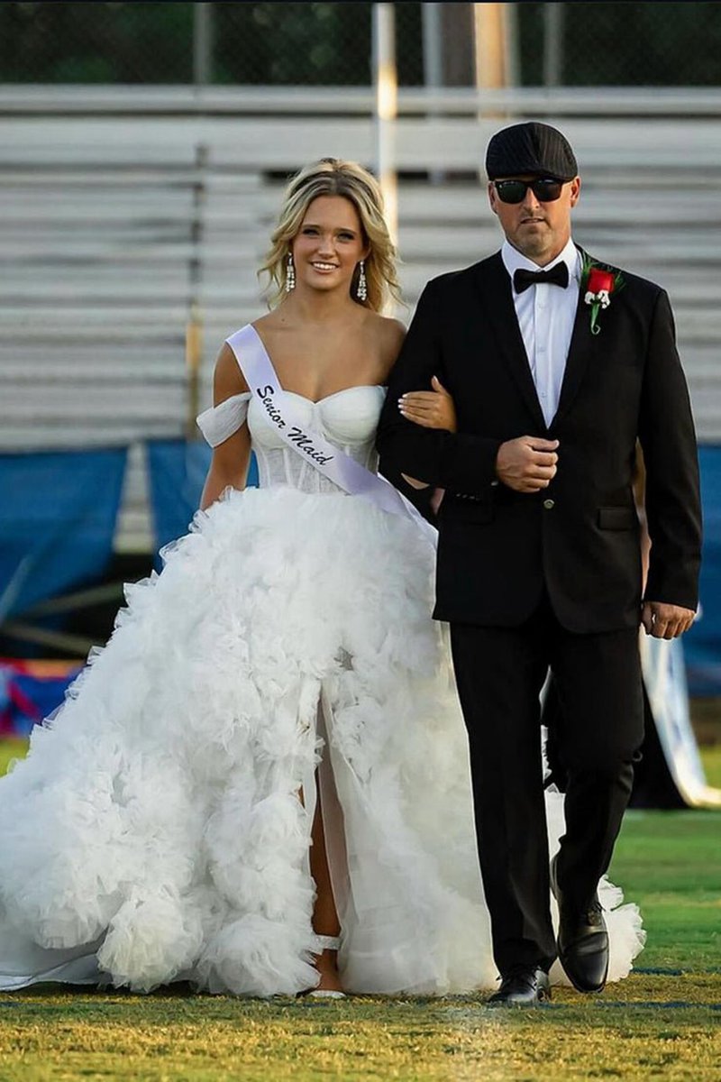 A-line Off the Shoulder Ruffled Tulle Prom Dresses with Slit