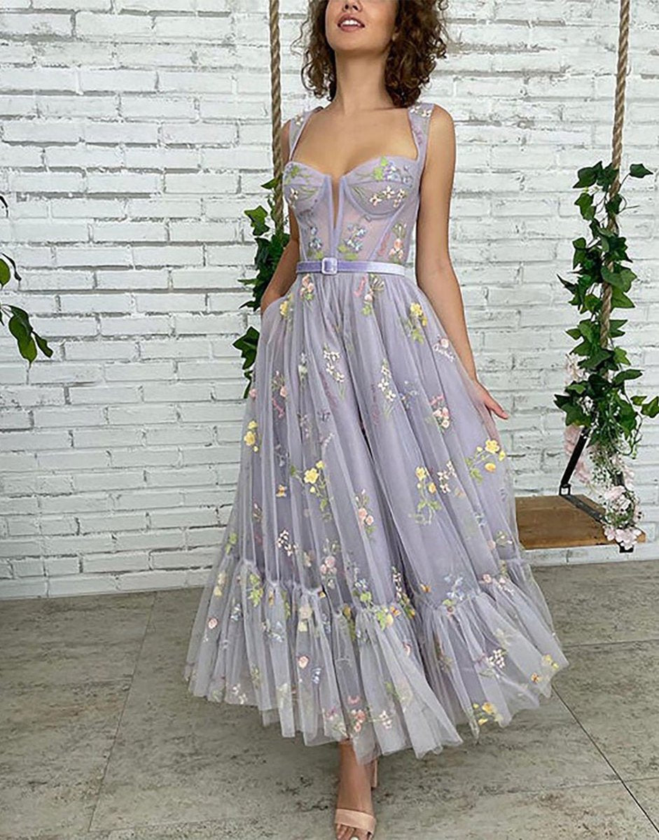 A-line Tea Length Tulle Prom Dresses with Embroidery