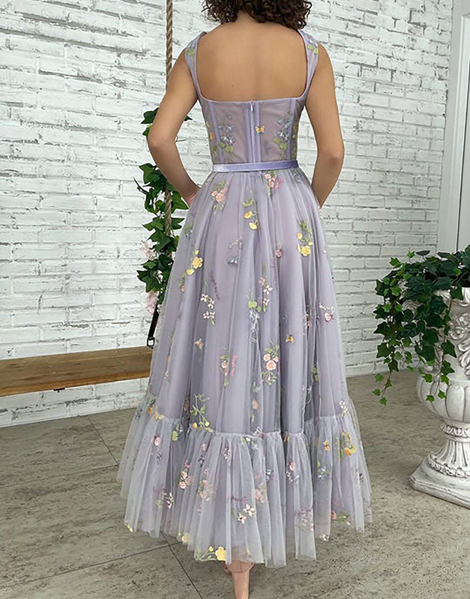 A-line Tea Length Tulle Prom Dresses with Embroidery