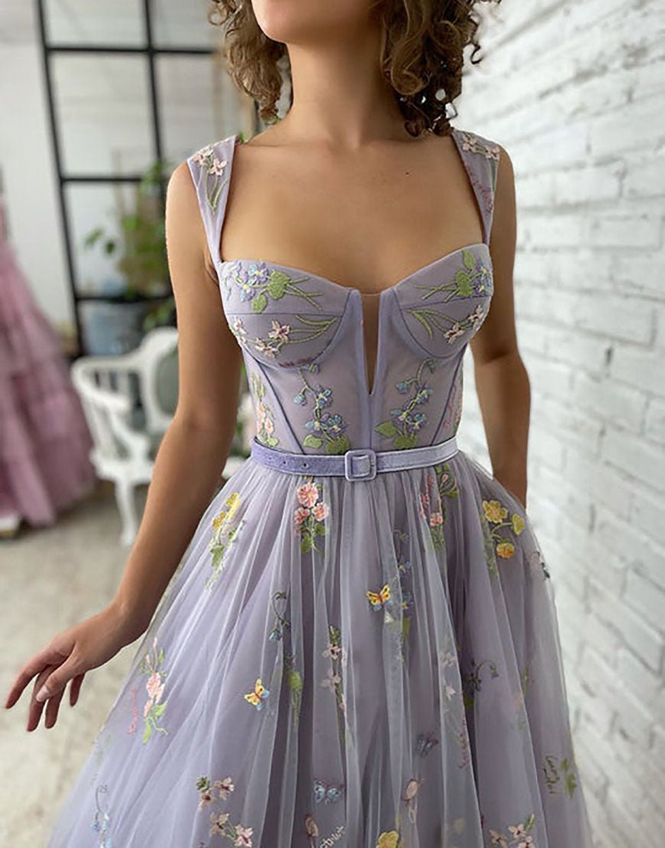 A-line Tea Length Tulle Prom Dresses with Embroidery