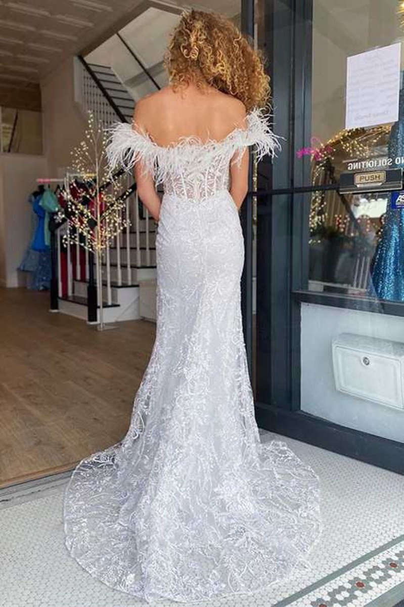 Mermaid Feather Off the Shoulder Lace Prom Dresses