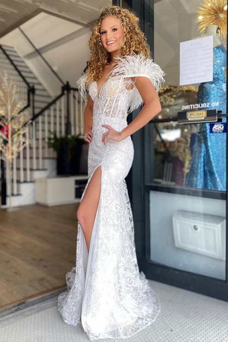 Mermaid Feather Off the Shoulder Lace Prom Dresses
