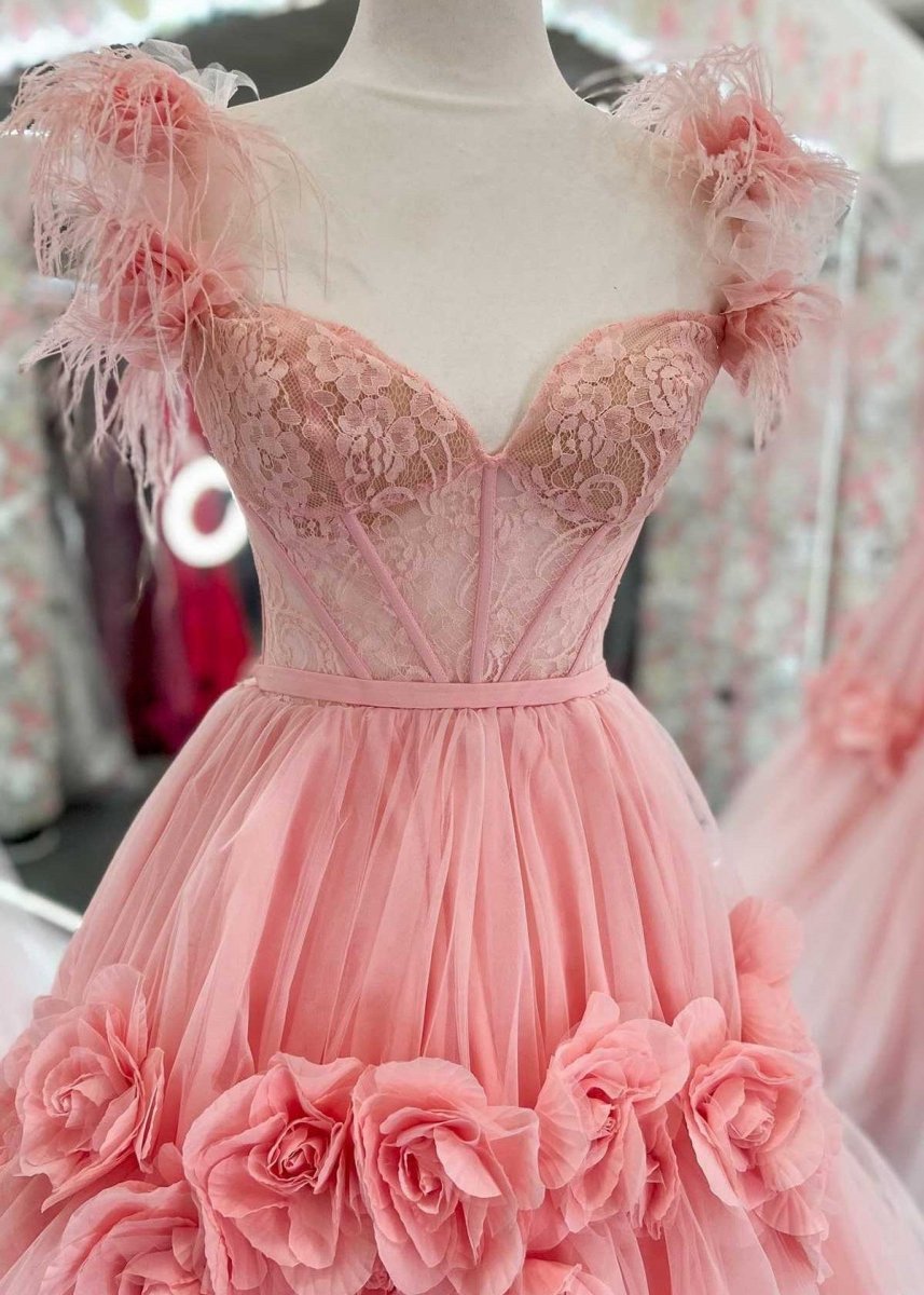 Princess A-line Off the Shoulder Lace Tulle Prom Dresses