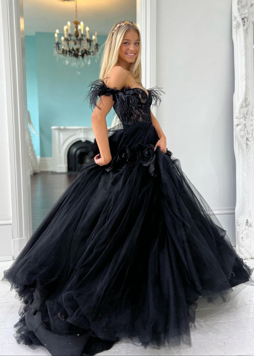 Princess A-line Off the Shoulder Lace Tulle Prom Dresses