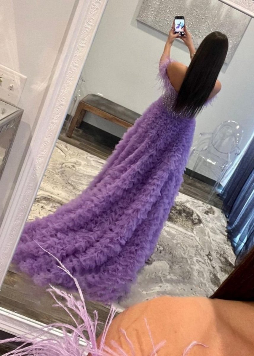 A-line Off the Shoulder Tie Tulle Prom Dresses with Slit