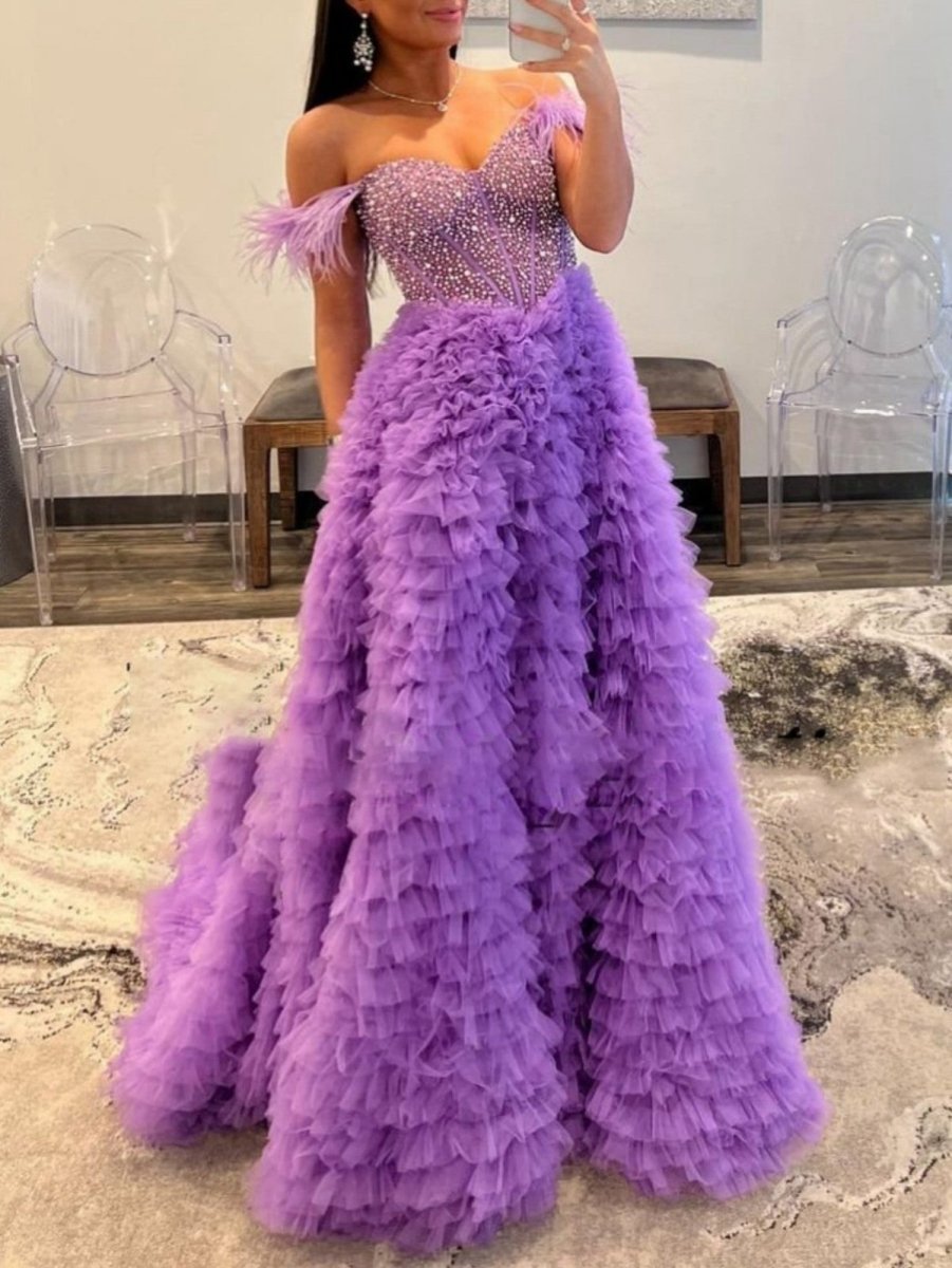 A-line Off the Shoulder Tie Tulle Prom Dresses with Slit