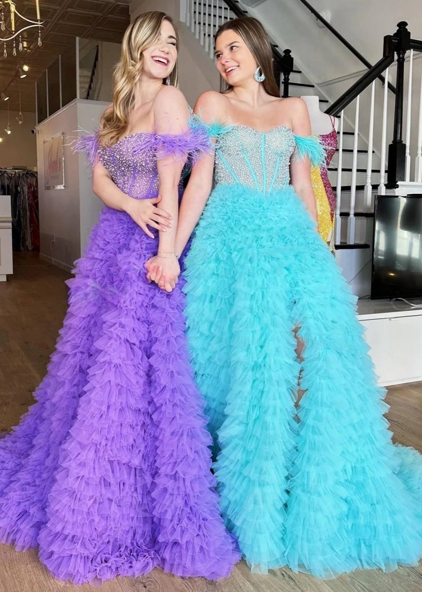 A-line Off the Shoulder Tie Tulle Prom Dresses with Slit