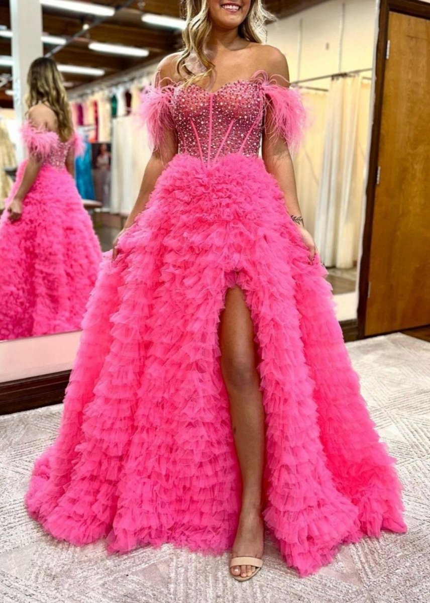A-line Off the Shoulder Tie Tulle Prom Dresses with Slit