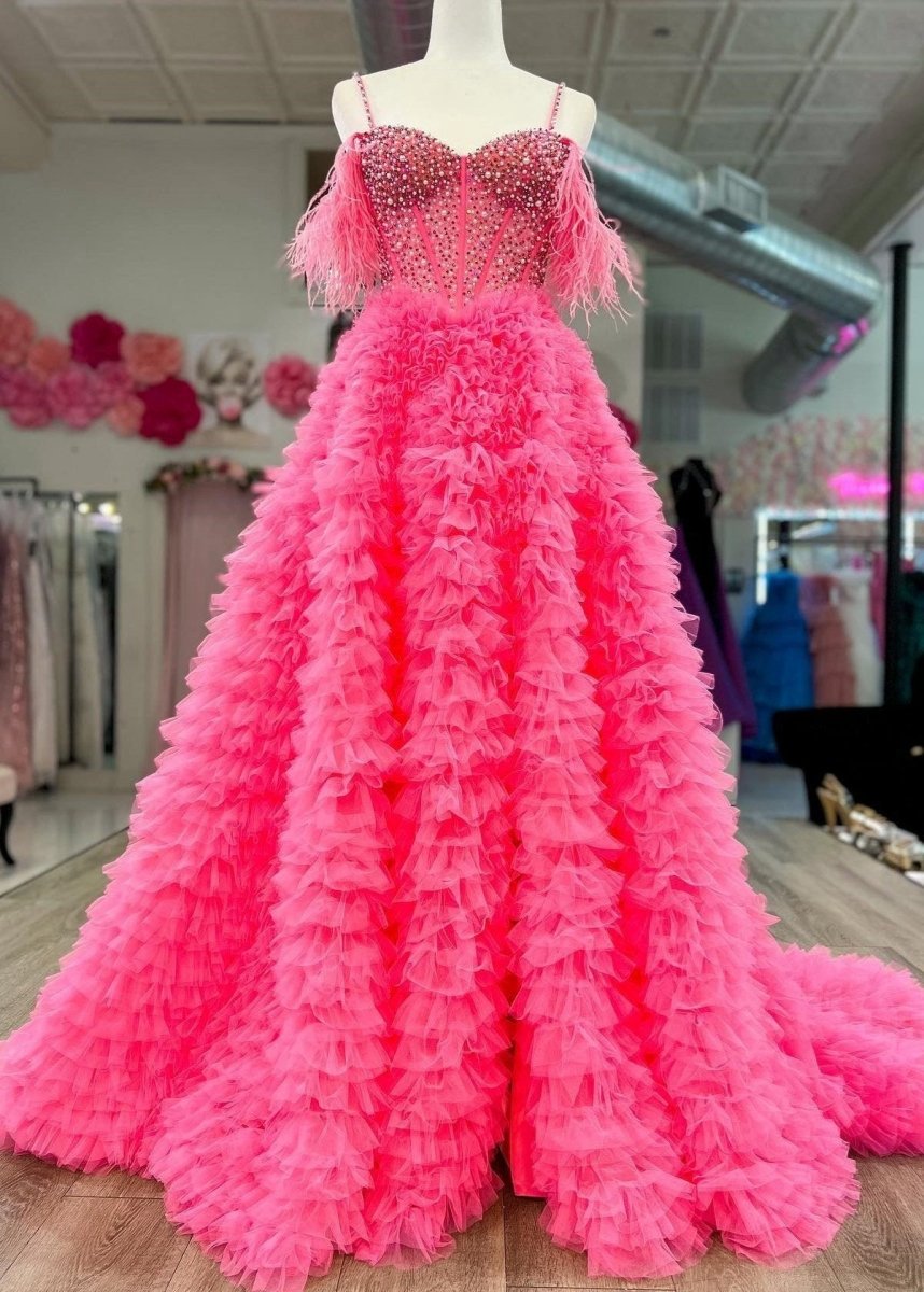 A-line Off the Shoulder Tie Tulle Prom Dresses with Slit