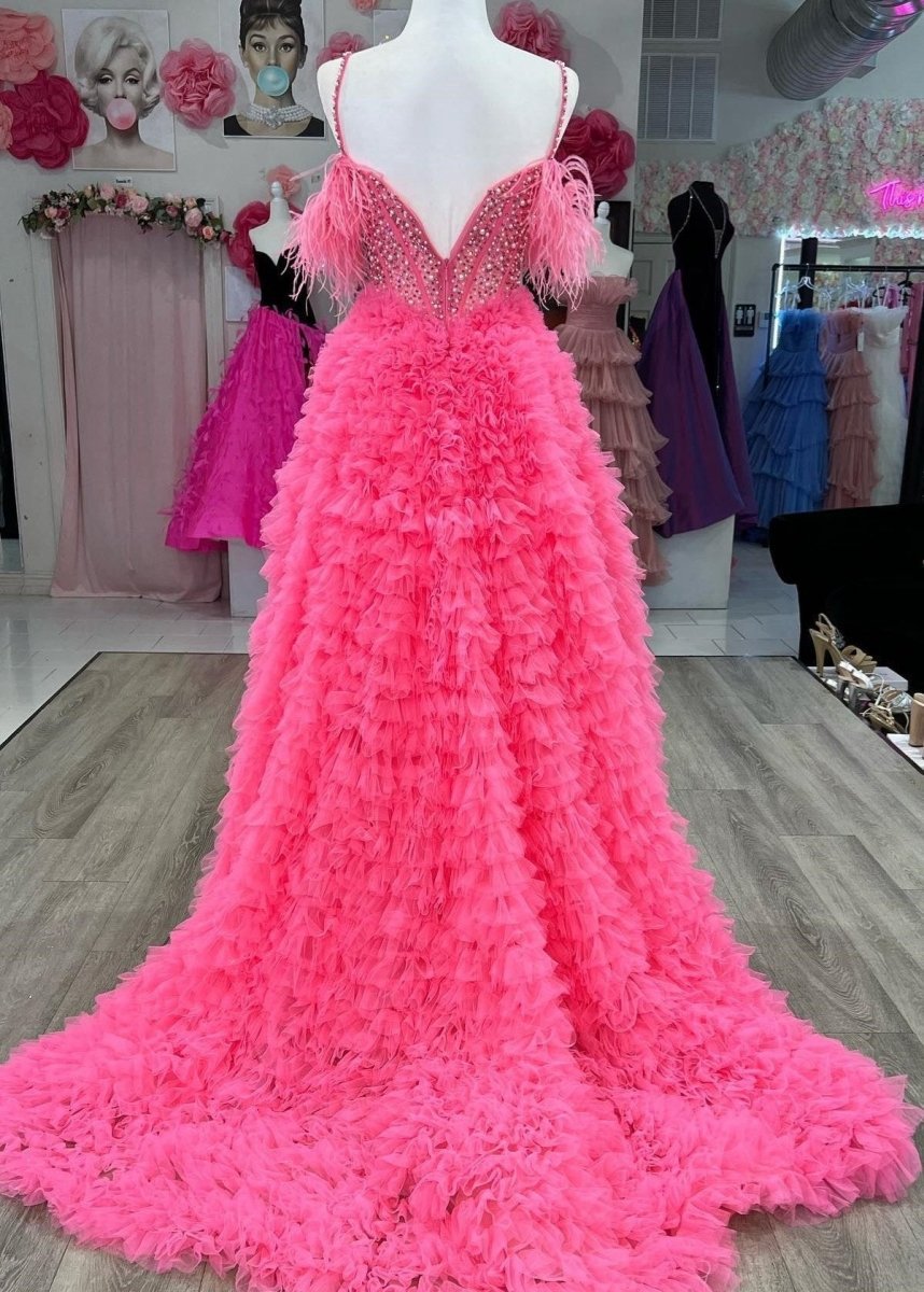 A-line Off the Shoulder Tie Tulle Prom Dresses with Slit