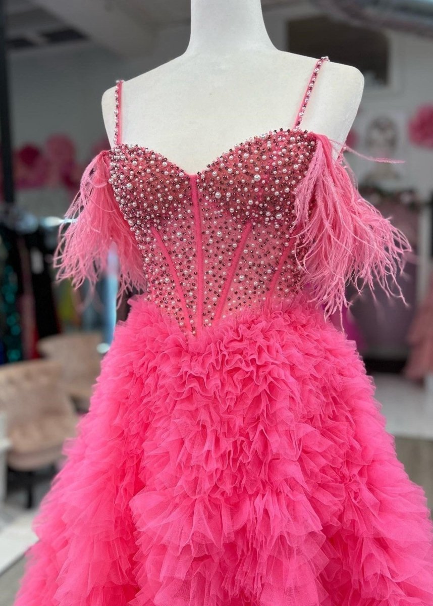 A-line Off the Shoulder Tie Tulle Prom Dresses with Slit